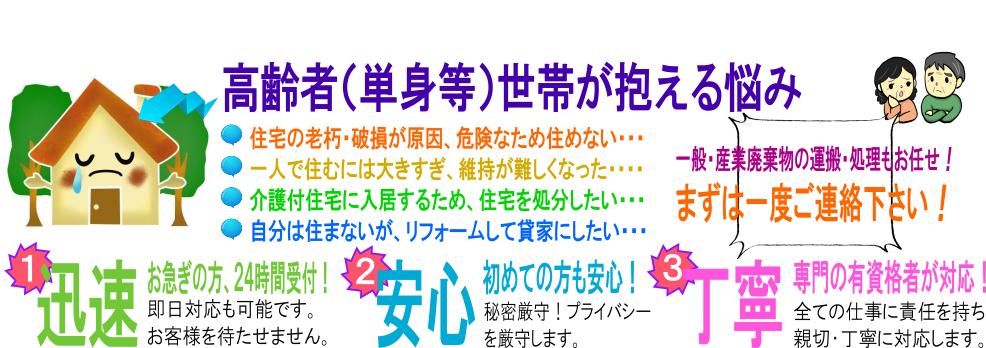 おそうじ・片付代行・家屋解体・廃棄物収集・運搬のことなら株式会社セキュメントへお問合せ下さい